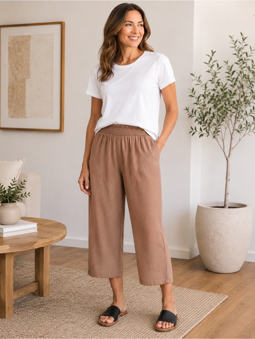 NY Collection Women's Taupe Elastic Waist Maxi Pants